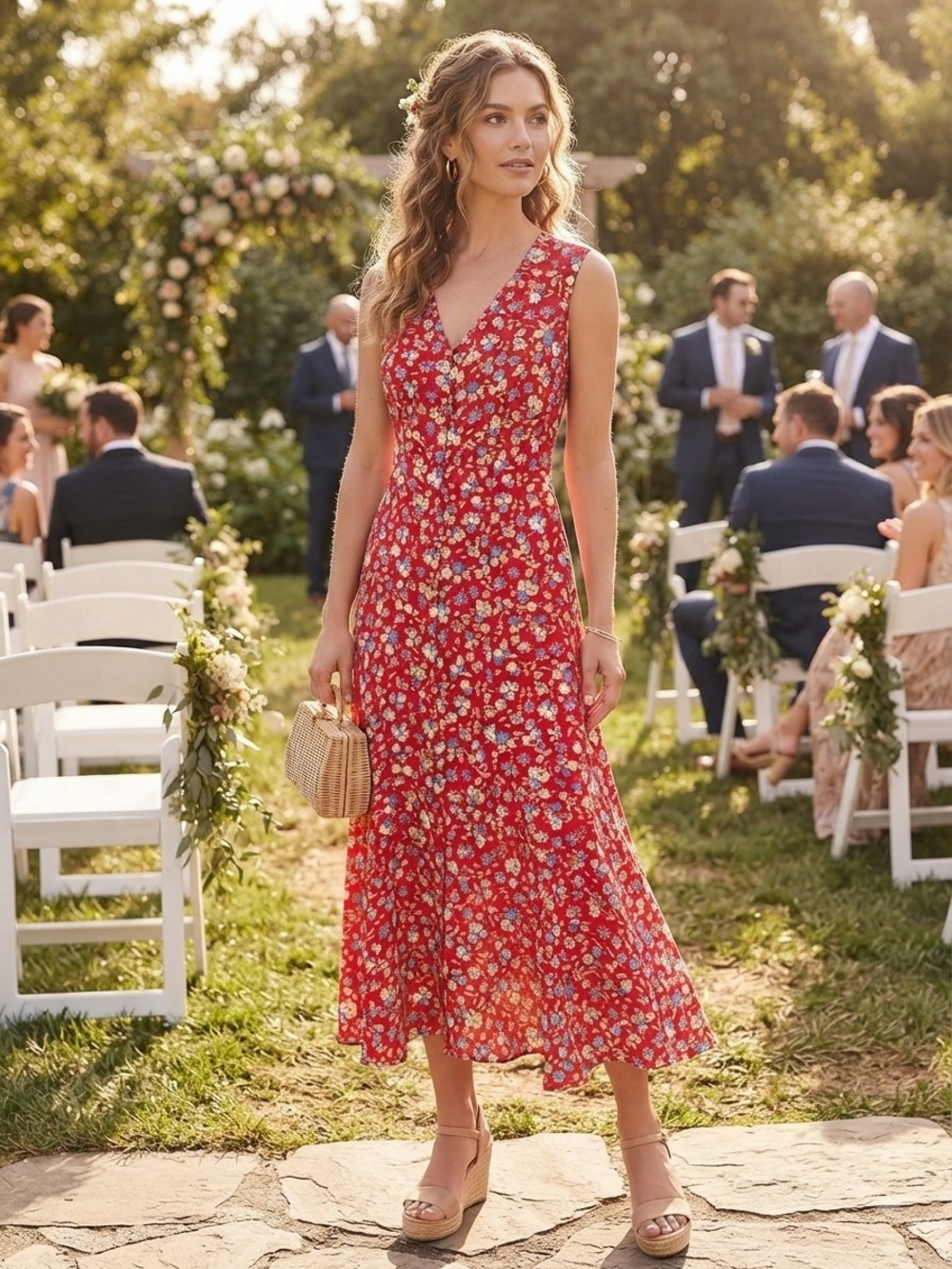 Sleeveless Red Floral Midi Dress with V-Neck